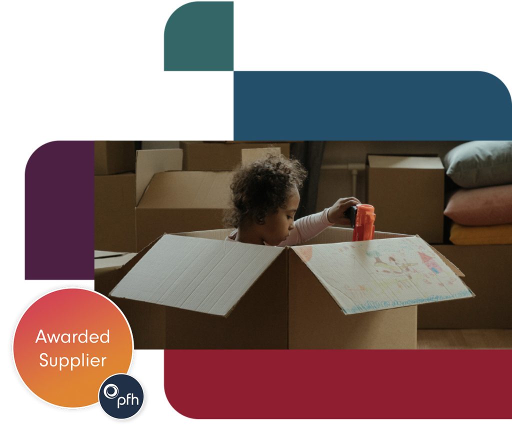 Accommodation solutions housing organisations - girl in moving box and PfH logo overlay